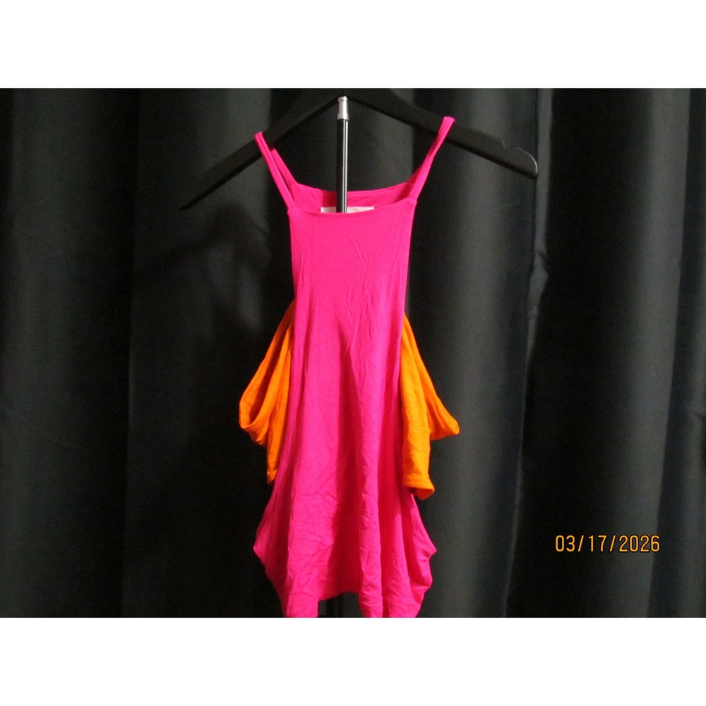 Neon Colorblock Draped Tunic Top Pink Orange Sleeveless Strappy Handkerchief Hem